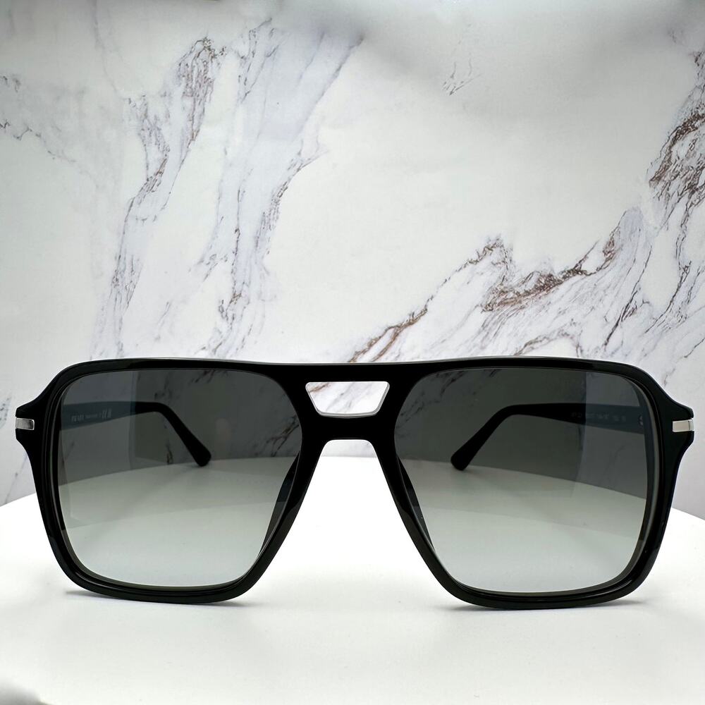 NEW PRADA Sunglasses Black Aviator Pilot 55-17mm Grey Lens Silver Logo - Picture 2 of 16